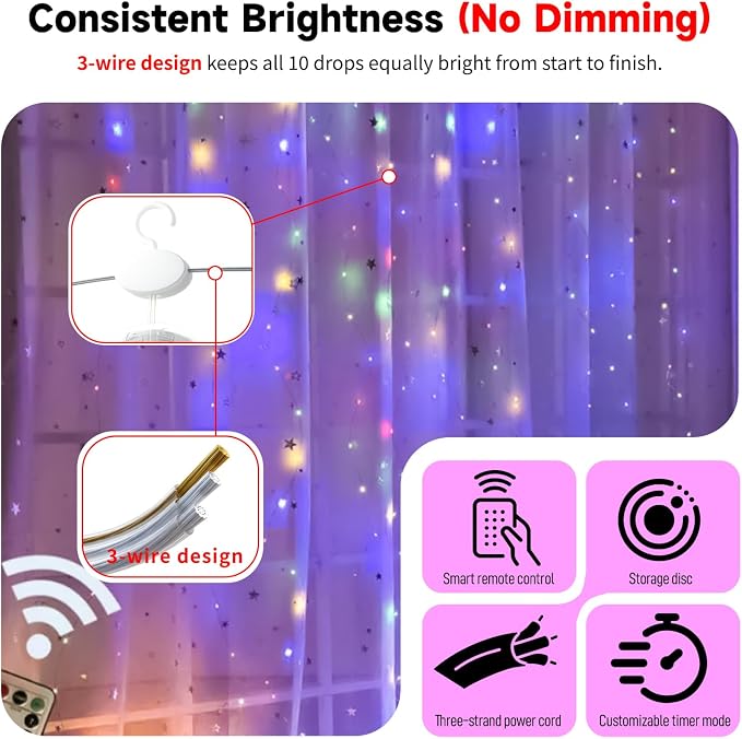 HXWEIYE 300LED Untangled Curtain Lights, 9.8x9.8Ft USB Fairy Twinkle String Lights with Remote and DIY Timer, 8 Modes Window Wall Hanging Light for Bedroom Dorm Backdrop Room Decor, Multicolor