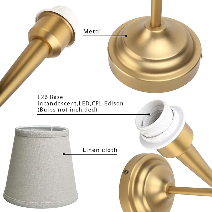 Sconces Wall Lighting Set of Two with Boho Linen Fabric Shade, E26 Aged Brass Vanity Bathroom Wall Lamps, Hardwired Indoor Wall Lights for Living Room Bedside Nightstand Light