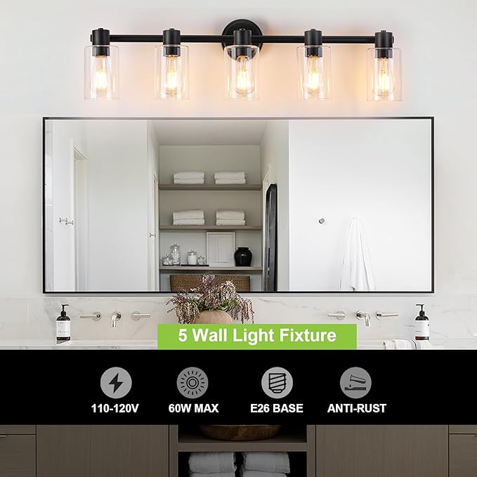 5 Light Bathroom Wall Light Fixtures Black Bathroom Wall Sconce with Clear Glass Lights Over Mirror Vanity Lights E26 Base