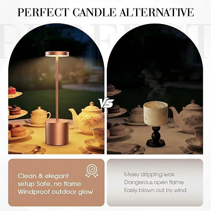 Cordless Table Lamp Set of 2, 5000mAh Rechargeable Lamp with Touch Control & Stepless Dimming, 3 Light Modes, IP54 Waterproof Portable Light for Dining Table, Patio, Bedroom, Power Outage (Rose Gold)