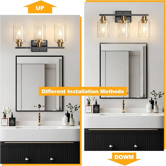 Unicozin 3 Light Bathroom Light Fixtures, Modern Vanity Lights Over Mirror, Black and Gold Wall Lamp with Clear Glass for Living Room Cabinet Bedroom Porch