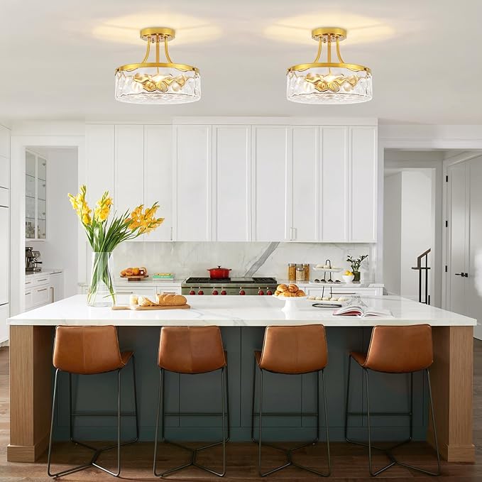 11.81" Modern Gold Semi Flush Mount Ceiling Light Hammered Glass Hallway Light Fixtures Entryway Light Fixture 3-Light Lighting Fixtures for Kitchen Island Dining Room Bedroom Laundry Room Lighting