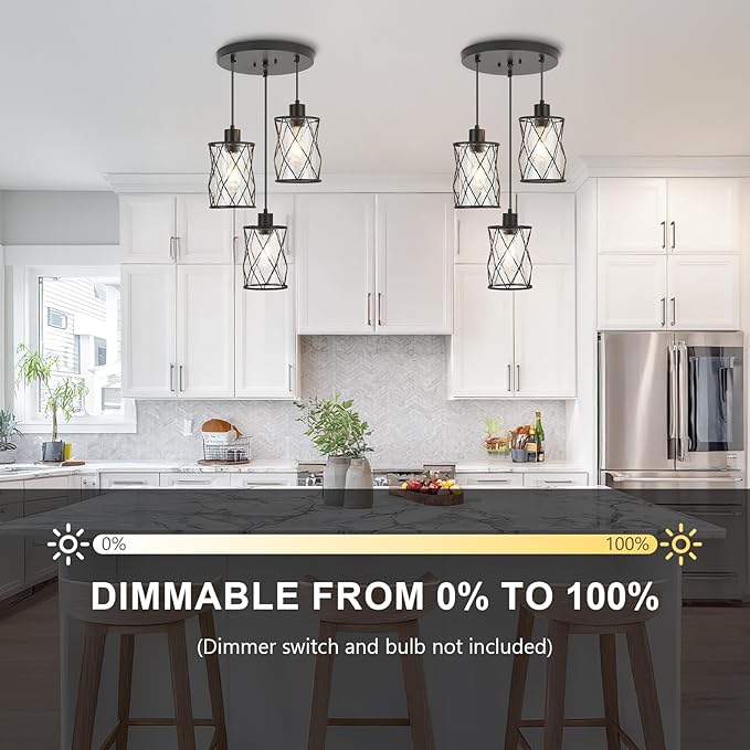 Refice 3-Light Pendant Lights Kitchen Island, Black Kitchen Cluster Hanging Pendant Lights with Clear Glass, Modern Cage Chandelier Light Fixture for Sink Dining Room Bedroom Bar