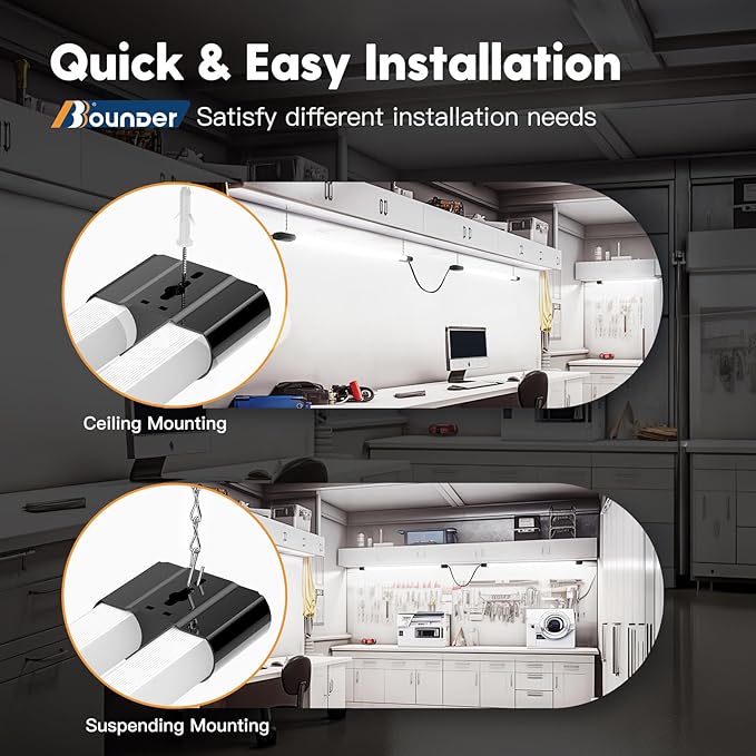 BBOUNDER 4 Pack Linkable LED Utility Shop Light, 4400 LM, Super Bright 6500K Cool Daylight, 4 FT Integrated Fixture for Garage, 40W Equivalent 250W, Surface + Suspension Mount, Black
