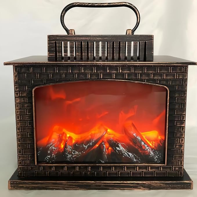 Simulated LED Fireplace Lantern USB & Battery Powered Flameless Light with Emulation Flame Table Decorative Lamp Copper Fireplace Ornament for Cozy Home Decor Free Standing Electric Log Burner