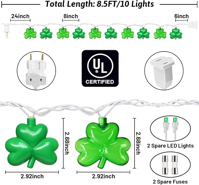8.5Ft Shamrock String Lights, St Patrick's Day Decorations Light with 10 LED Green Lucky Clover Lights Outdoor Waterproof, UL Certified for Home Garden St. Patrick's Day Party Decorations, White Wire