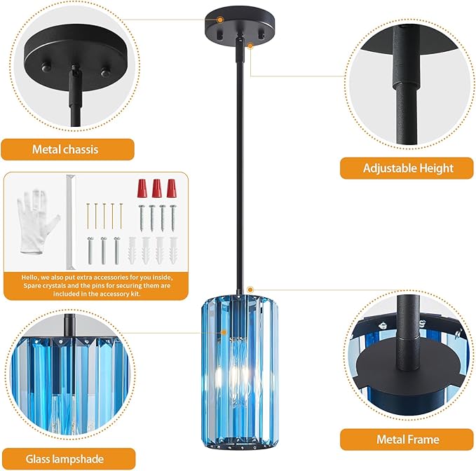 Modern Crystal Pendant Light Mini Light Blue Chandeliers Adjustable Pendant Lights Fixture for Kitchen Island Dinning Room Corridor Bedroom(Light Blue 3-Pack)