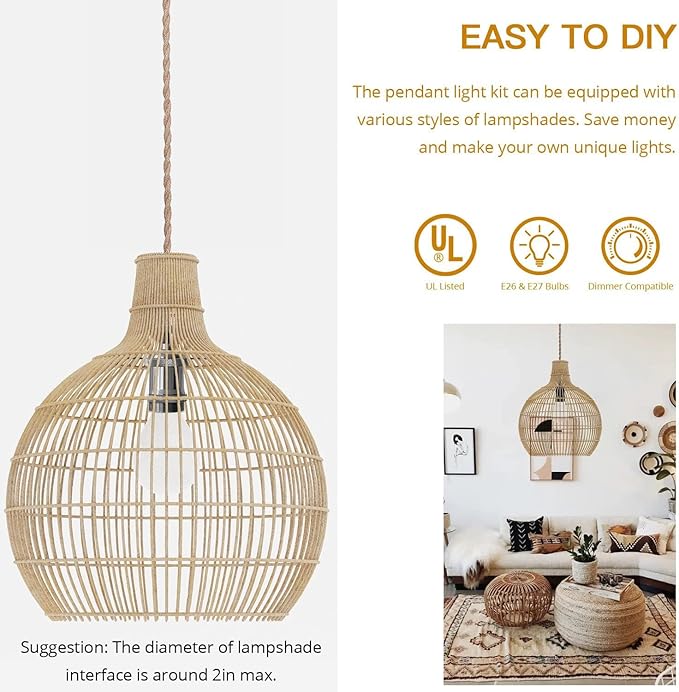 JACKYLED UL Boho Pendant Light Kit, Hemp Rope Light Fixture with Adjustable Hanging Light Cord & E26 E27 Light Socket, Vintage Ceiling Light for DIY Kitchen Island, Bedroom, Farmhouse