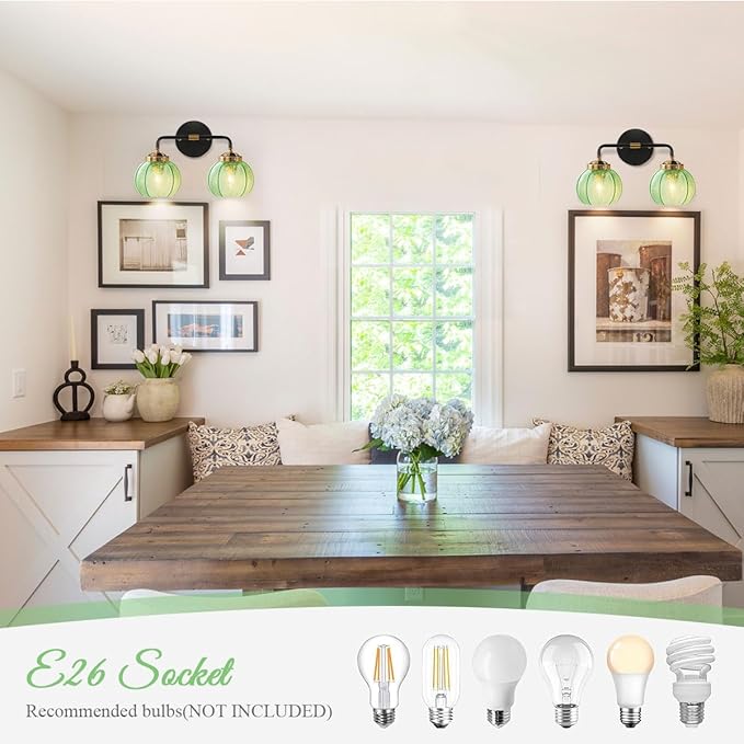 2-Lights Bathroom Wall Light Fixtures Modern Vanity Light with Leaf Texture Glass Globe Shades Emerald Green Mid Century Modern Wall Lamp Sconce for Over Mirror Living Room Cabinet