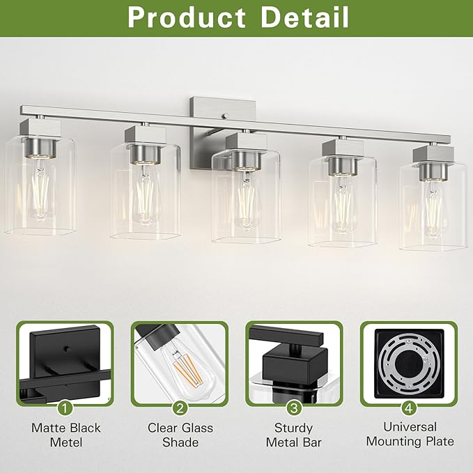 Espird 5 Light Bathroom Vanity Light - Brush Nickel Bathroom Light Fixtures Square Design & UL Certification, 31 Inch Long Light Fixtures Over Mirror for Bedroom & Restroom