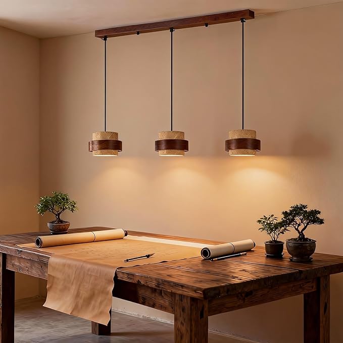 Wabi Sabi Pendant Light - Japandi Nordic Fixture Lamp, Natural Wood & Stone Concrete Chandelier for Japanese Bedroom, Kitchen Island & Dining Room (Yellow Travertine 3-Head)