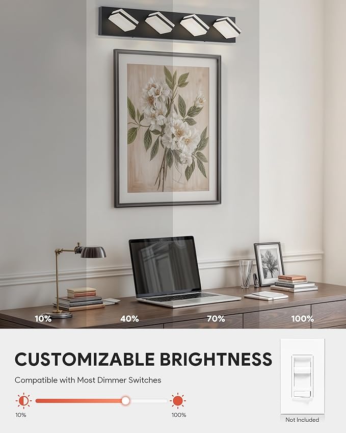 VONLUCE Bathroom Vanity Light Fixture, 4-Light Modern LED Vanity Light, 3CCT Adjustable Bathroom Lights with Memory Function Rotatable Shades, 26" Wall Lighting Fixture Over Mirror, Matte Black