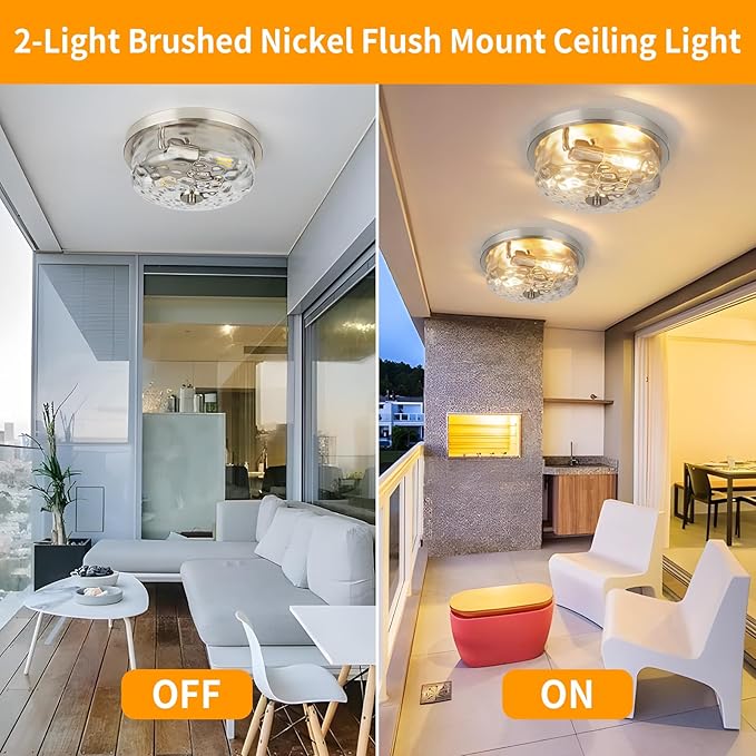 Brushed Nickel Flush Mount Light, Kitchen Ceiling Fixture with Water Ripple Glass Shade, 2-Light Outdoor Porch Flush Mounts for Hallway, Foyer, Entryway, Bathroom