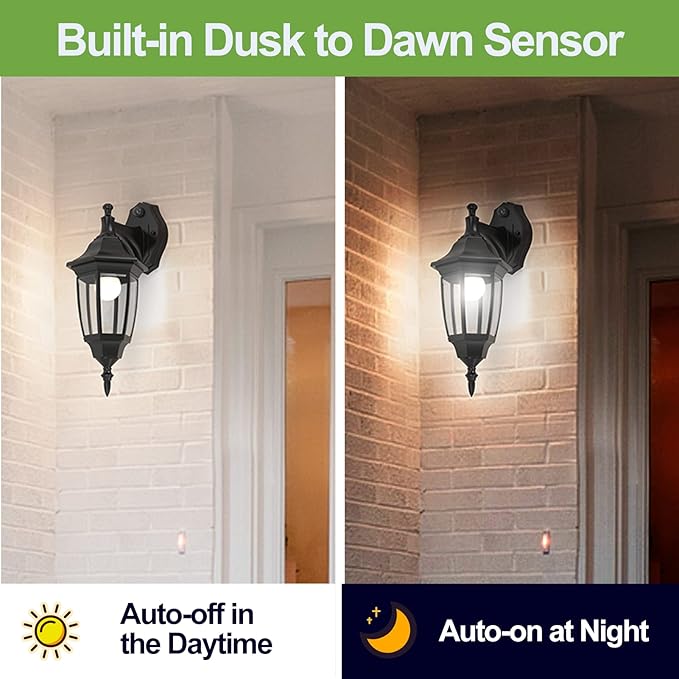EMART Dusk to Dawn Plastic Outdoor Wall Light Fixtures with Bulbs, Waterproof and Anti-Corrosion Porch Sconces, Exterior Lanterns Wall Mount Lamp for Outside, Garage, Front Door, Patio, 2 Pack, Black