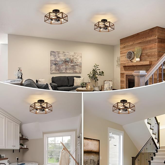 WILON Flush Mount Ceiling Light Fixture for Kitchen - 3 Light Industrial Close to Ceiling Lighting, Bronze Farmhouse Metal Cage Hexagon Lamp for Hallway Kitchen Dining Room Entryway Foyer
