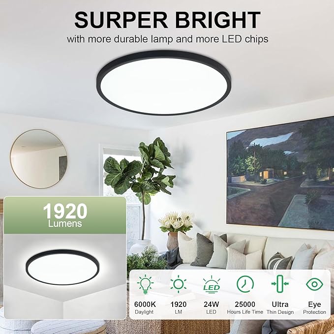 LED Flush Mount Ceiling Light: 12 inch 6Pack Super Slim Dimmable & 5CCT (2700-6500K) Kitchen Lighting Fixtures Ceiling - 24W Black Low Profile Ceiling Lamp for Bedroom Garage Hallway