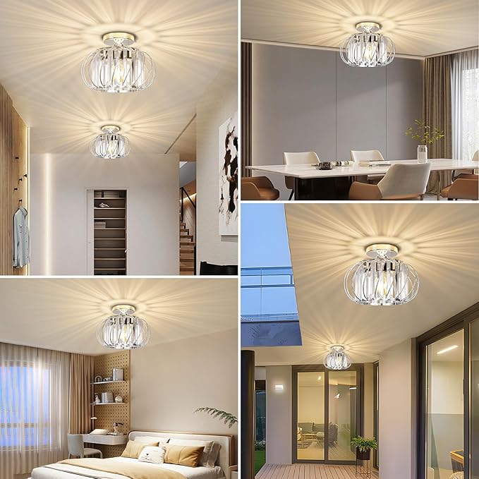 FRIDEKO HOME Crystal Ceiling Light Fixture - Small Crystal Chandelier Semi Flush Mount Ceiling Light Modern Hallway Lights fixtures for Entryway Bedroom Porch Kitchen (11 Inch, Bulb not Included)