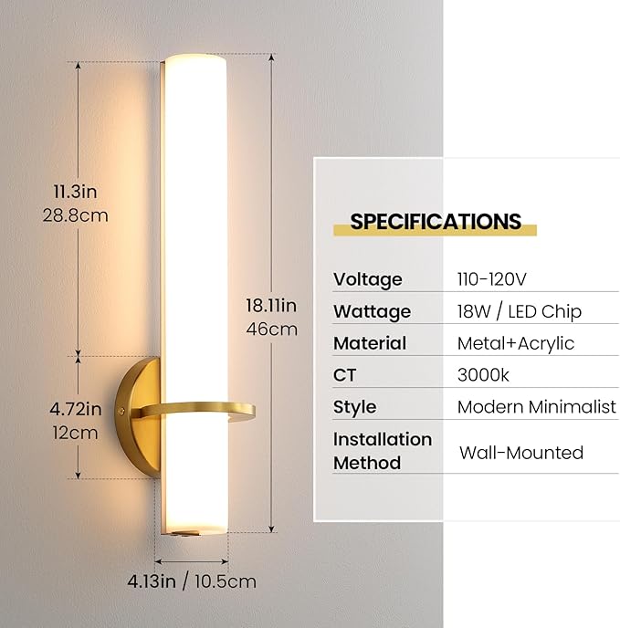 AIJIASI Gold Bathroom Wall Sconces Set of 2: 18 Inch Modern Sconces Wall Lighting 18W LED Dimmable Wall Light with Acrylic Lampshade, Brushed Gold Sconces for Bedroom Living Room Hallway (Hardwired)