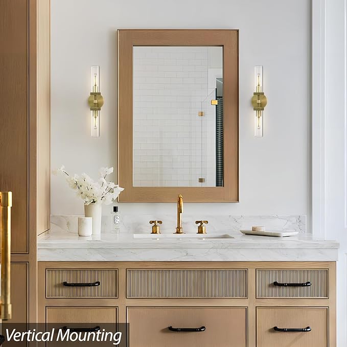 Knurled Brass Wall Sconces Set of Two,21" Sconces Wall Lighting 2-Light, Gold Bathroom Wall Sconces, Glass Vanity Lights, Indoor Wall Sconce for Bathroom,Bedroom, Living Room, Hallway