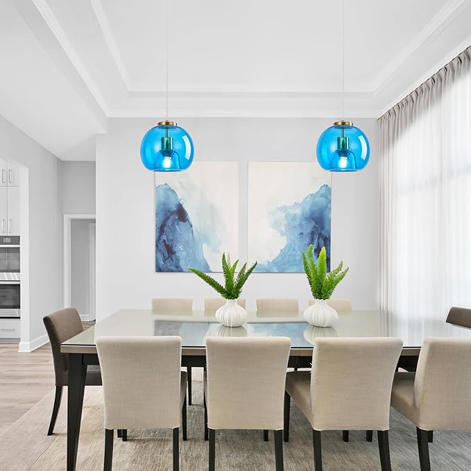 Blue Glass Pendant Lights Kitchen Island Gold Hanging Light Fixture Glass Globe Pendant Light Modern Pendant Lighting for Kitchen Island Bedroom Dining Room (7.87", 2 Pack)