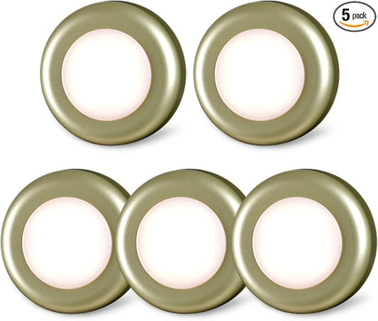STAR-SPANGLED 5 Pack 2.8” Push Tap Lights, Stick on Touch Puck Lights AAA Battery Operated, LED Sticky Button Lamps for Classroom, Kitchen, Under Cabinet, Closet (Golden, Warm White)