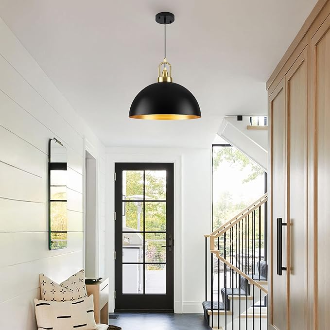 16'' Black Dome Pendant Light, Modern Farmhouse Pendant Light Fixture, Large Hanging Ceiling Pendant Lighting for Kitchen Island Dining Room Foyer Hallway Bar Cafe