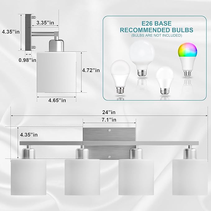 Bathroom Lights Over Mirror Brushed Nickel, Anti-Rust 4-Light Bathroom Vanity Light Fixtures, Modern 24Inches Wall Sconces E26 Base, Milky White Glass Shades, Bulbs Not Included