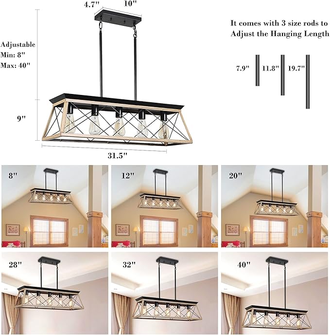 Farmhouse Chandeliers for Dining Room, Rustic Kitchen Island Light Fixture, 5-Light Linear Pendant Lighting Rectangular Chandelier, Metal Solid Ceiling Lights