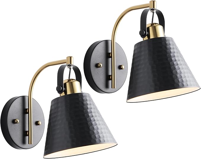 PAZALA Bathroom Sconces Set of 2, Black and Gold Wall Sconces Set of Two, Bathroom Vanity Light with Rotatable Metal Shade, Modern Farmhouse Wall Light Fixtures for Bath Mirror Bedroom Stair Hallway