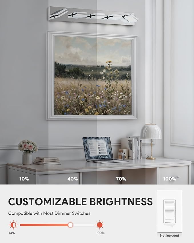 VONLUCE Bathroom Vanity Light Fixture, 5-Light Modern LED Vanity Light, 3CCT Adjustable Bathroom Lights with Memory Function Rotatable Shades, 34" Wall Lighting Fixture Over Mirror, Chrome