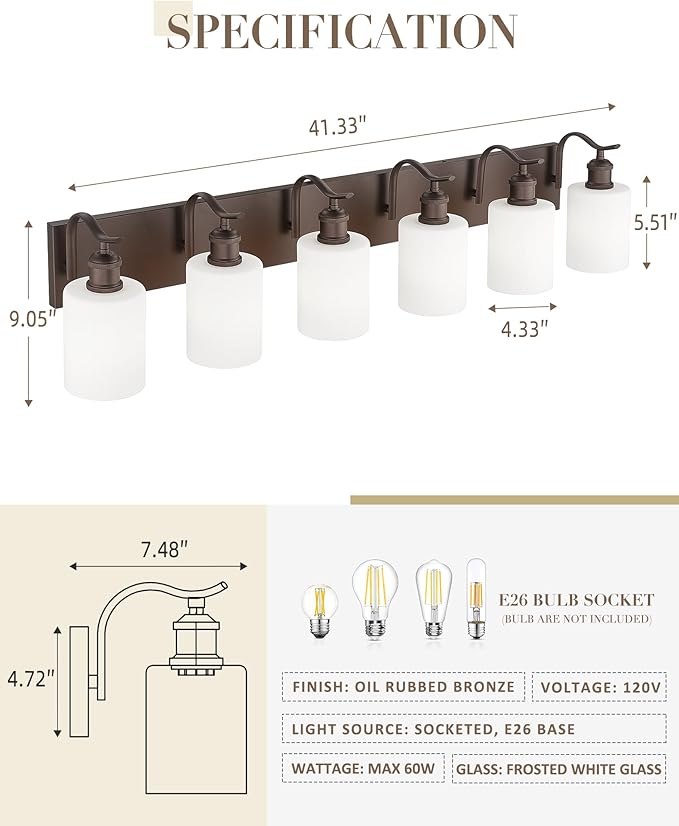Modern 6-Light Vanity Fixture with Frosted Glass, Wall Mount Over Mirror, Oil Rubbed Bronze,VL01ORBW-6