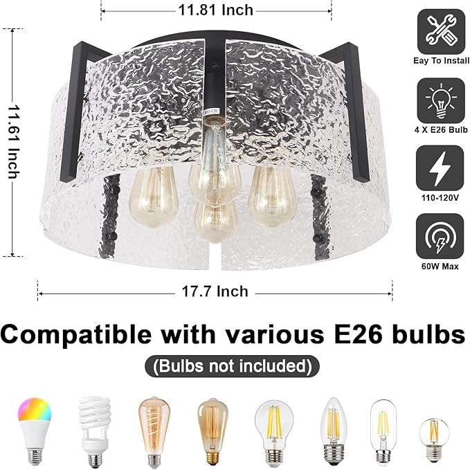Bektas Semi Flush Mount Ceiling Light, Hallway Light Fixture,Entryway Light,Modern Bedroom Lampe,Metal Light Fixtures,Lighting Fixture Flush Mount for Kitchen Bathroom Dining Room (Black, 4-Light)