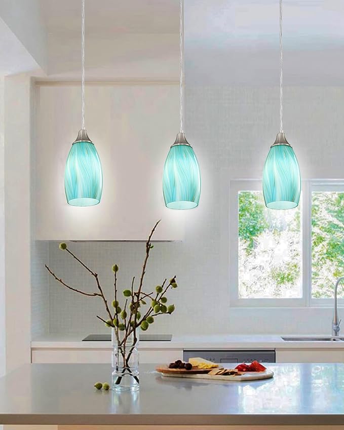 karyfine Mini Pendant Light,Handcrafted Art Glass Pendant Lighting Shade with Brushed Nickel Finished Teal Glass Ceiling Hanging lamp Adjustable Cord for Kitchen Island,Hallway,Dining Room