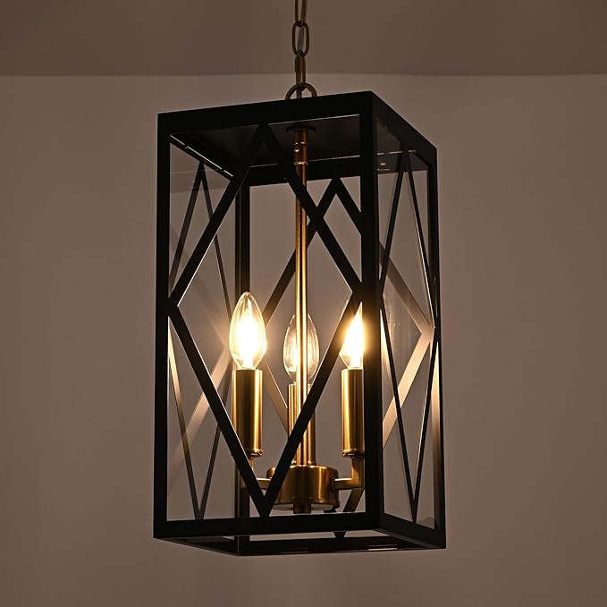 15.7'' Outdoor Pendant Light Black Brass, Exterior Ceiling Hanging Lantern Porch Light with Clear Glass, Outdoor Hanging Lantern Lighting Exterior Pendant Lighting Fixture for Porch, Gazebo