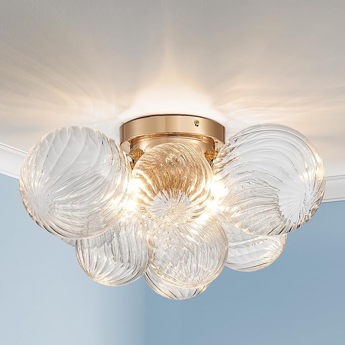AGV LIGHTING Modern Bubble Glass Flush Mount Ceiling Light Fixture, Gold 4-Light Ceiling Chandelier with Clear Textured Glass Globe Shades, 18” Living Room Bedroom Dining Room Lighting
