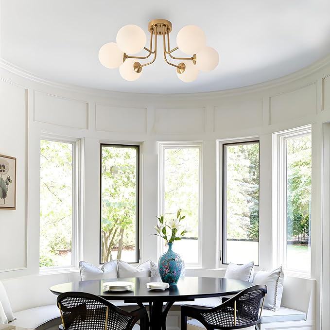 Modern Semi Flush Mount Ceiling Light 6-Light,Globe White Glass Shade Semi Flush Mount Ceiling Light Sputnik Chandeliers for Bedroom Living Room Hallway Dining Room Lighting Fixture