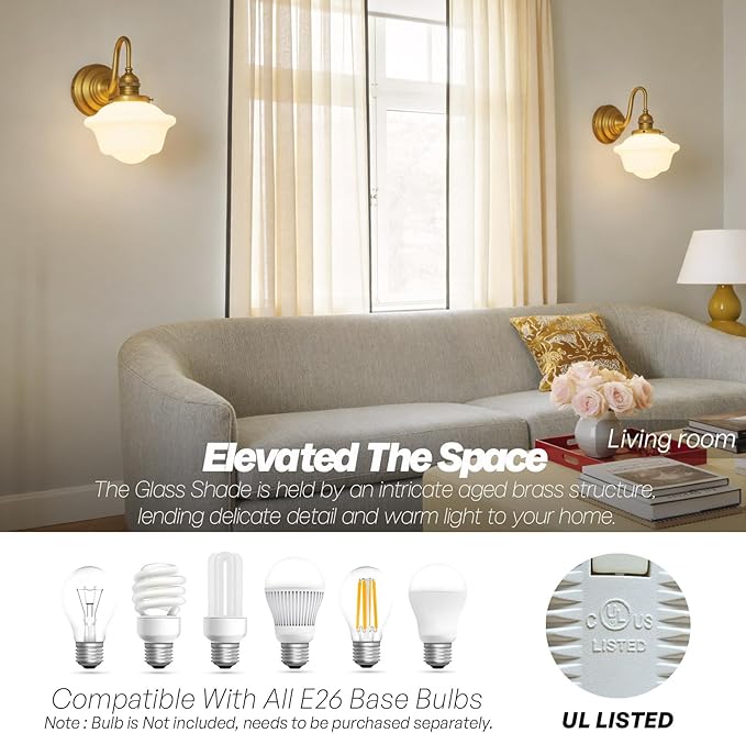 Vintage Wall Sconces Antique Brass Gold Bathroom Vanity Light with Milk Glass Hardwire Wall Sconce Light Lamp for Bathroom Mirror Living Room Bedroom Kitchen Indoor