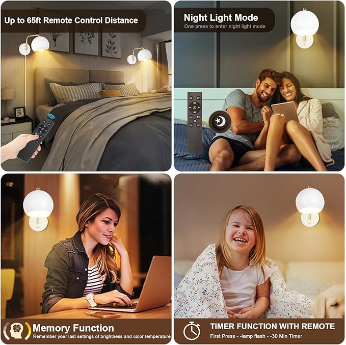 VATONI Wall Sconce with Remote Control, Plug in Wall Sconces Dimming 0-100% and Adjustable Color Temperature 2700K-6000K, Brushed Brass White Globe Swing Arm Wall Lights with Plug in Cord(2 Bulbs)