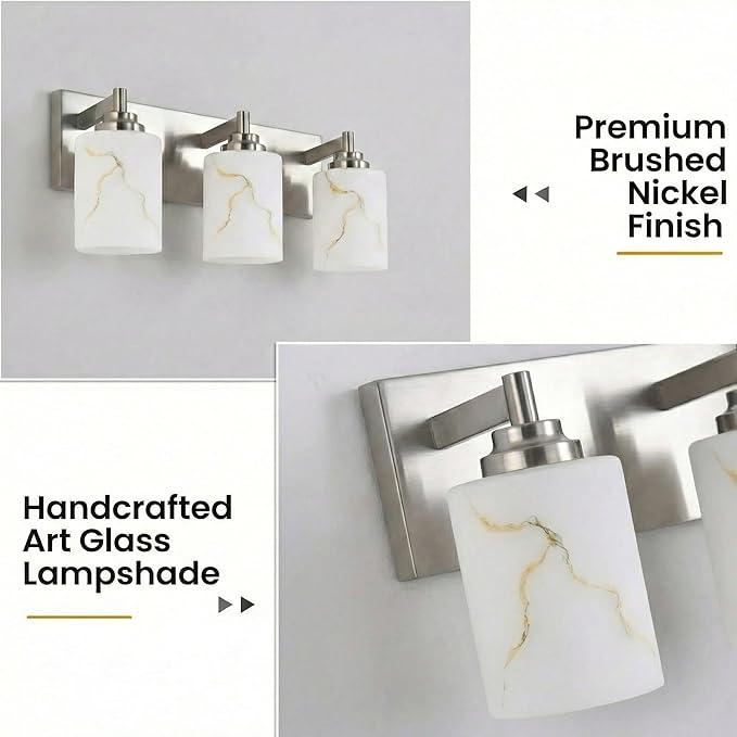 3-Light Bathroom Light Fixture, Brushed Nickel Modern Vanity Light with White Marble Glass Shade, for Bathroom Mirror, Living Room, Bedroom, Hallway, E26 Base, Extended Base