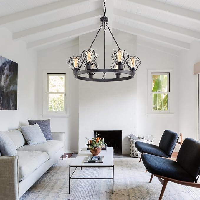 Wagon Wheel Chandelier Modern Farmhouse Pendant Light,Black Farmhouse Chandelier, 6-Light Wagon Wheel Chandelier with Adjustable Height, Dining Room Light Fixture, Hanging Lights