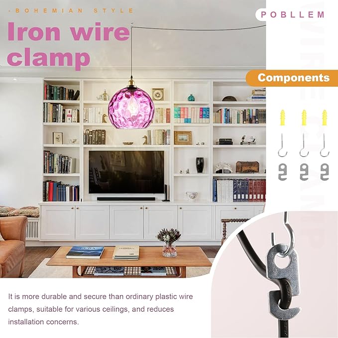 Mid Century Plug in Hanging Light for Living Room, 13.8" Purple Glass Shade Plug in Cord Boho Pendant Lamp for Bedroom Dining Room Kitchen Sink, Large Plug-in Light