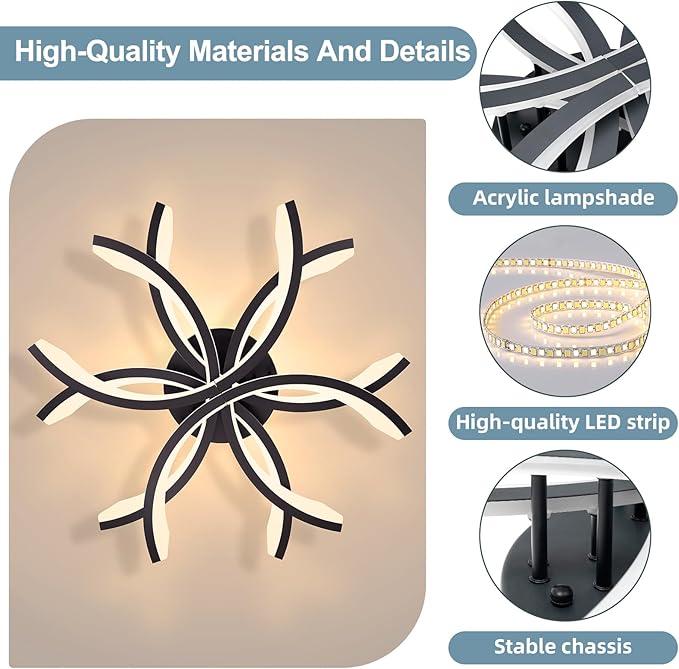 Modern LED Flush Mount Ceiling Light - 12 Lights Dimmable Close-to-Ceiling Fixture with Remote Control, 144W 3000K-6500K Adjustable Color Temperature (Black)