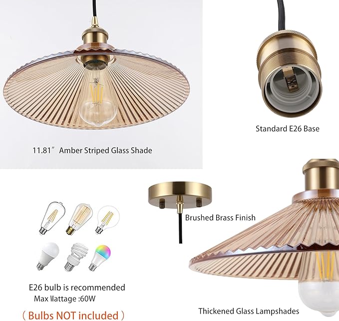 Modern Large Pendant Light 11.81 Inches Amber Striped Glass Shades Brushed Brass Gold Hanging Lamp Farmhouse Adjustable Ceiling Hanging Lights Kitchen Island Dining Room Bedroom