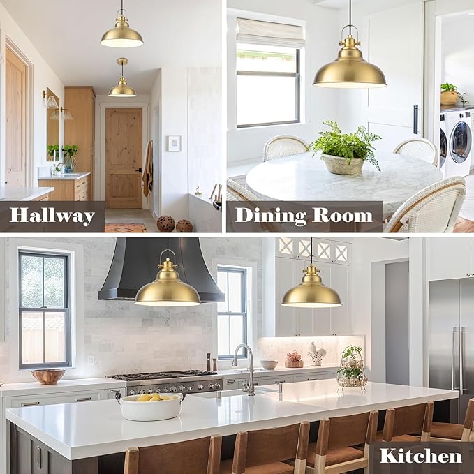 Gold Pendant Lights, 11.41 Inch Gold Pendant Light Kitchen Island, Dome Pendant Lights 2 Pack, Farmhouse Kitchen Pendant Light for Kitchen Island, Dining Room, Living Room