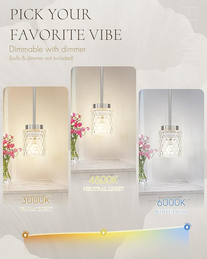 FEMILA 3 Pack Brushed Nickel Pendant Lighting,4" Mini Glass Pendant Light for Kitchen Island, Pendant Light Vintage Light Fixtures for Bedroom, Hotel, Dining Room, 4FY86MIL-3PK BN