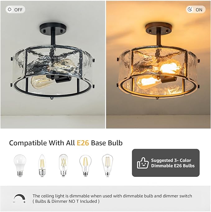 Black Semi Flush Mount Ceiling Light,12.8" Modern Small Dining Room Light Fixture, 2-Light Hammered Glass Farmhouse Ceiling Lights for Hallway Entryway Foyer Bedroom
