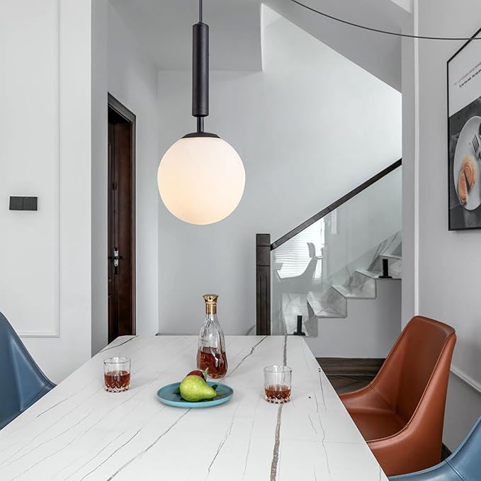 KCO Lighting Modern White Glass Globe Pendant Light Nordic Plug-in Hanging Light Fixture with Adjustable Wire Postmodern Geometric Ball Chandelier for Kitchen Island Dining Room (Black)