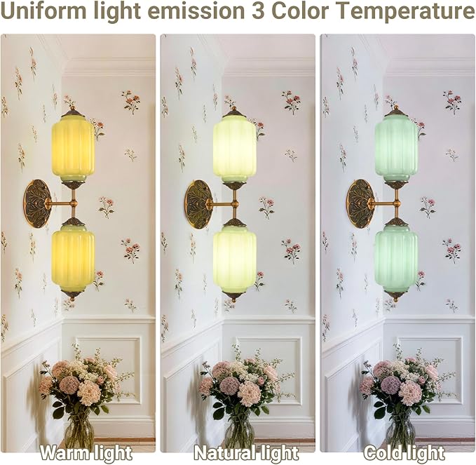 LOUSACE 2-Light Vintage Milk Glass Bathroom Vanity Light with Brass Finish Base & Green Glass Shade - Indoor Wall Sconce Lighting for Mirror, Bathroom, Living Room, Gallery (Bulbs Included)