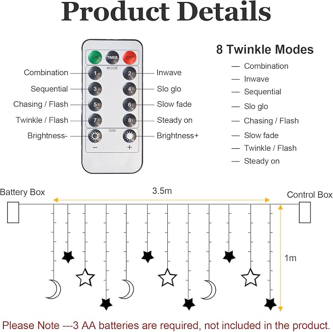 Star Moon Curtain Lights 11.5ft Remote Control LED Fairy Light Strings, 8 Flashing Modes Waterproof Decorative Lights for Garden, Christmas, Wedding, Party, Bedroom Decorations(Warm White)