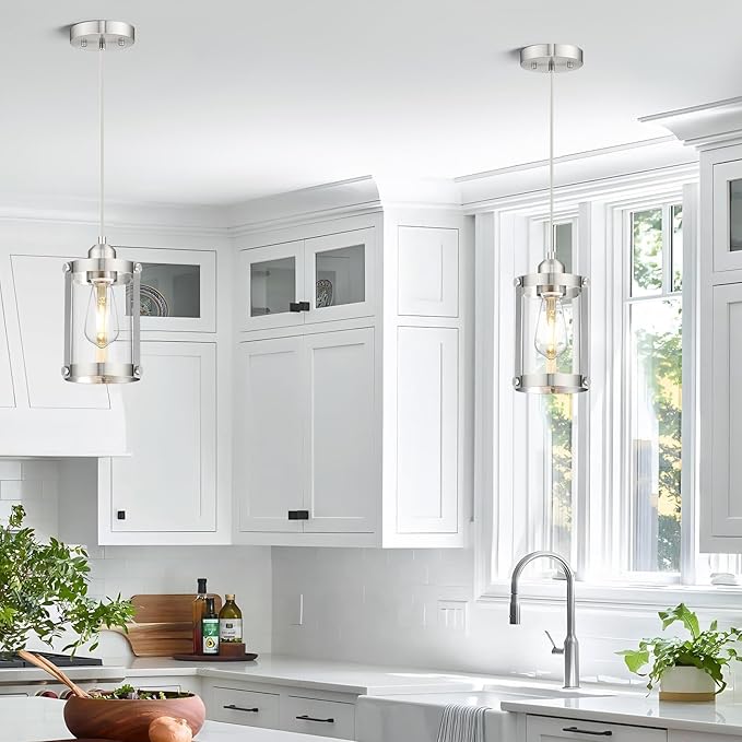Brushed Nickel Pendant Lights Kitchen Island, 1-Light Modern Mini Hanging Light Fixtures with Clear Glass, Farmhouse Kitchen Pendant Lighting Over Island for Sink, OS-3014-1PBN